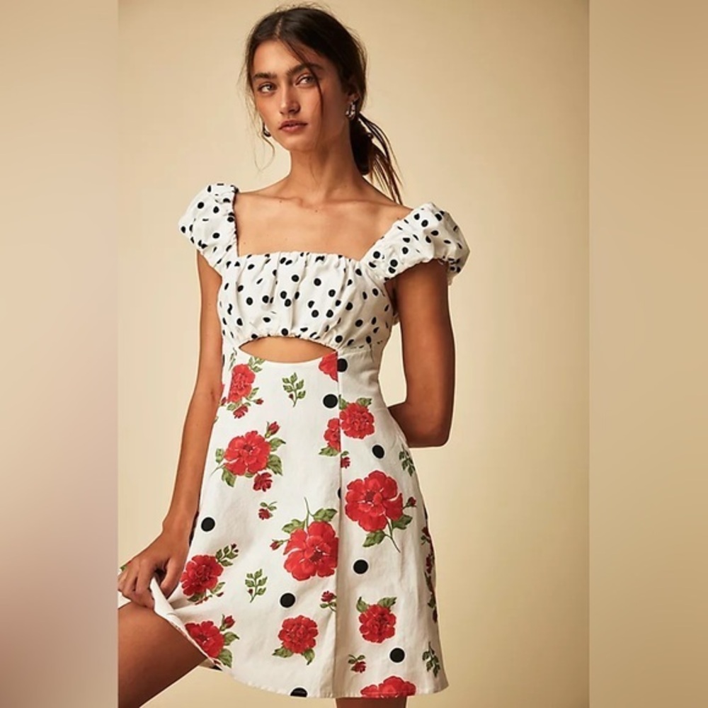 Free People White Polka Dot & Red Floral Mini Dress
